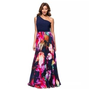 XSCAPE  One-Shoulder Mixed-Media Chiffon Gown